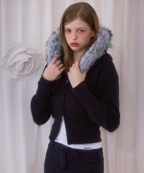Fur Slim Rivet Hood Zip-up [Black]