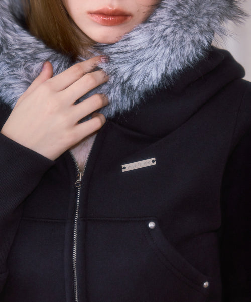 Fur Slim Rivet Hood Zip-up [Black]