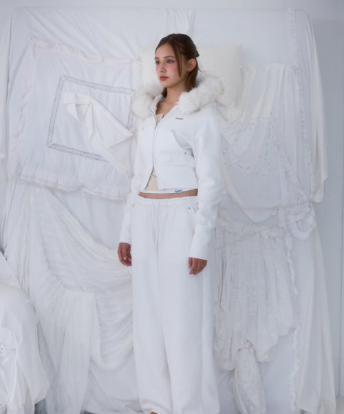 Fur Slim Rivet Hood Zip-up [Ivory]