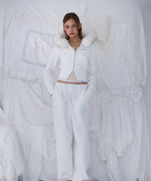 Fur Slim Rivet Hood Zip-up [Ivory]