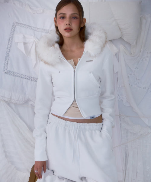 Fur Slim Rivet Hood Zip-up [Ivory]