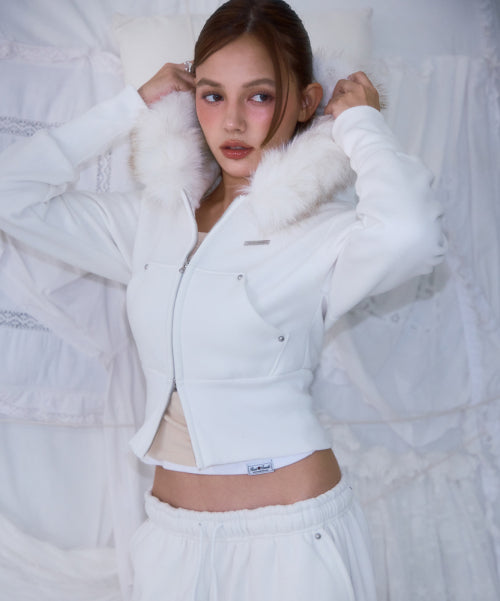 Fur Slim Rivet Hood Zip-up [Ivory]
