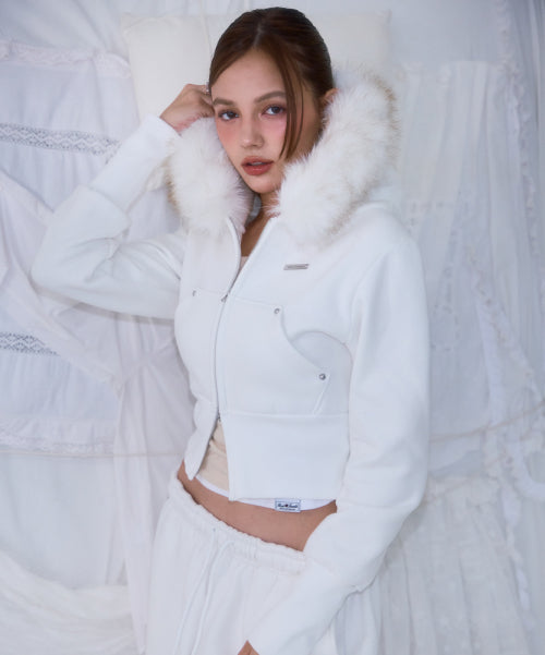 Fur Slim Rivet Hood Zip-up [Ivory]