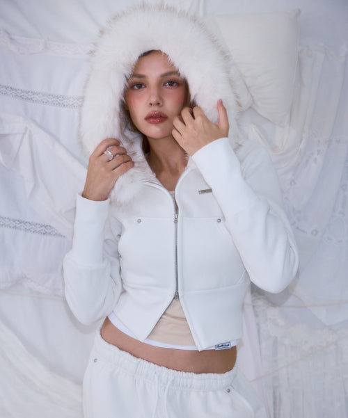 Fur Slim Rivet Hood Zip-up [Ivory]