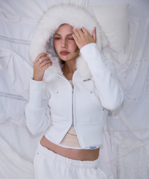 Fur Slim Rivet Hood Zip-up [Ivory]