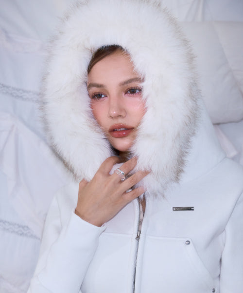 Fur Slim Rivet Hood Zip-up [Ivory]
