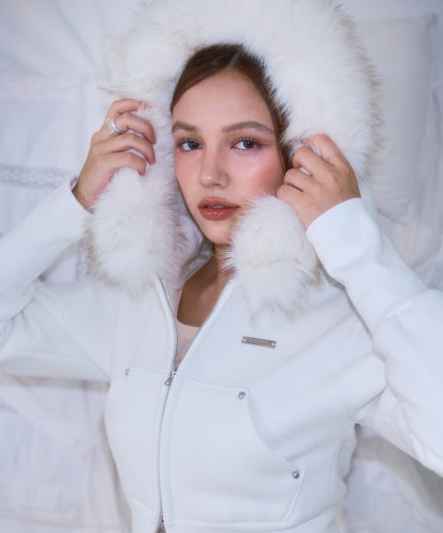 Fur Slim Rivet Hood Zip-up [Ivory]