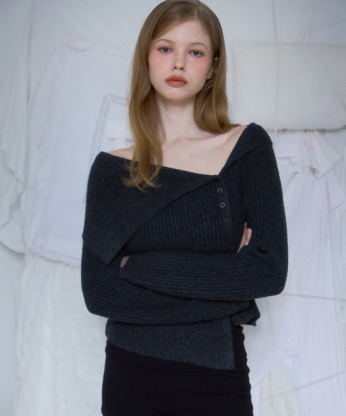 Unbalance Collar Button Knit [Charcoal]