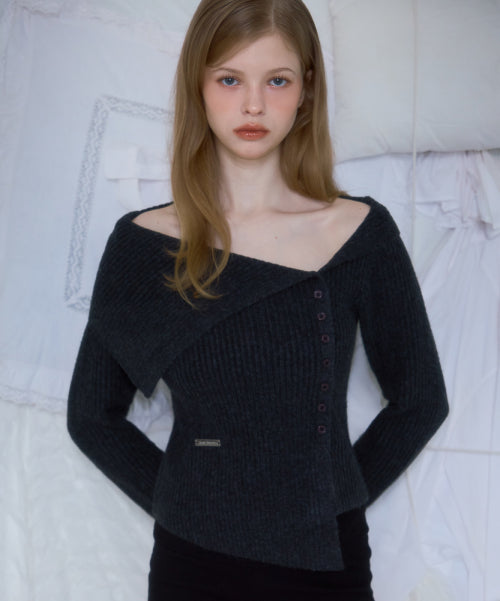 Unbalance Collar Button Knit [Charcoal]