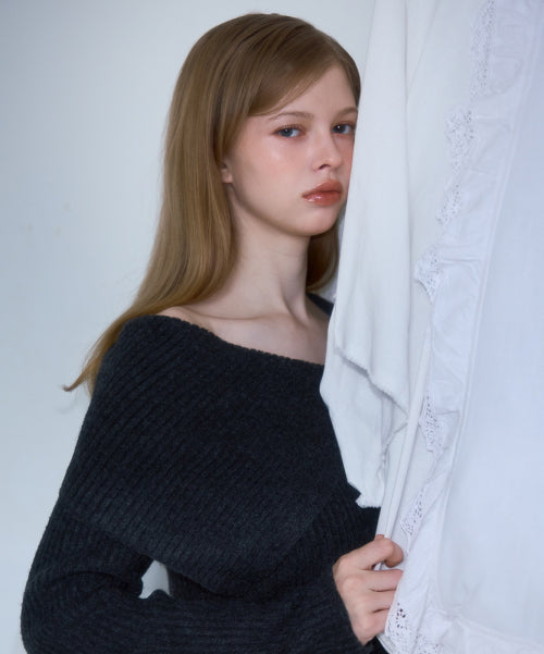 Unbalance Collar Button Knit [Charcoal]