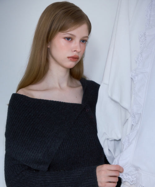 Unbalance Collar Button Knit [Charcoal]
