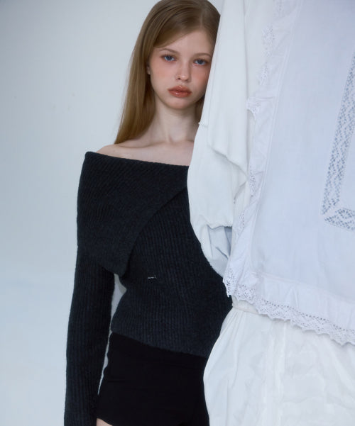 Unbalance Collar Button Knit [Charcoal]