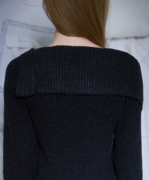 Unbalance Collar Button Knit [Charcoal]