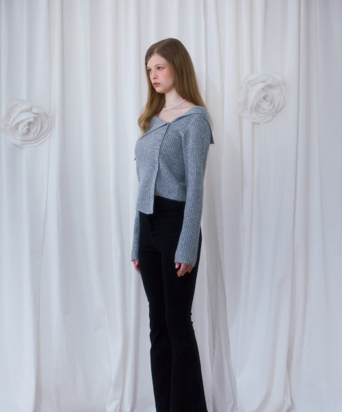 Unbalance Collar Button Knit [Gray]