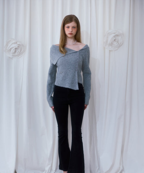Unbalance Collar Button Knit [Gray]