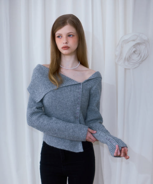 Unbalance Collar Button Knit [Gray]