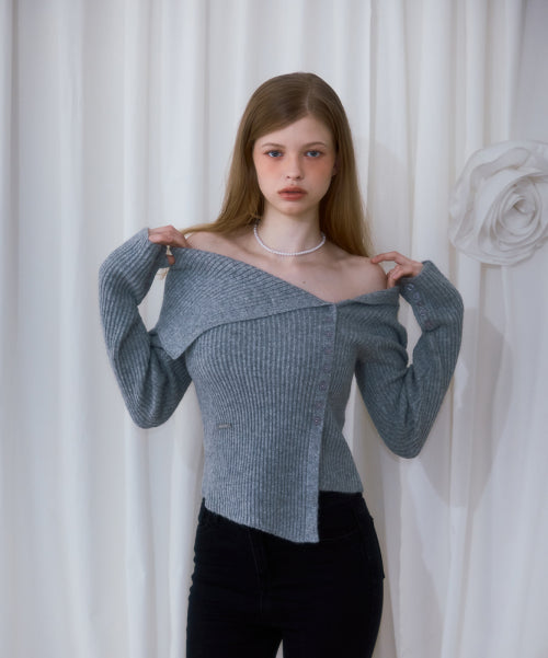 Unbalance Collar Button Knit [Gray]