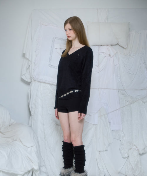 Fur V-neck Knit [Black]
