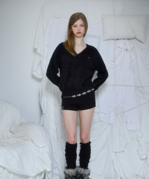 Fur V-neck Knit [Black]