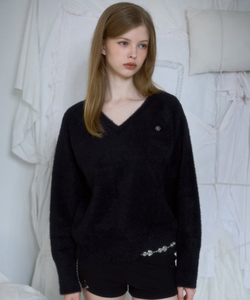 Fur V-neck Knit [Black]
