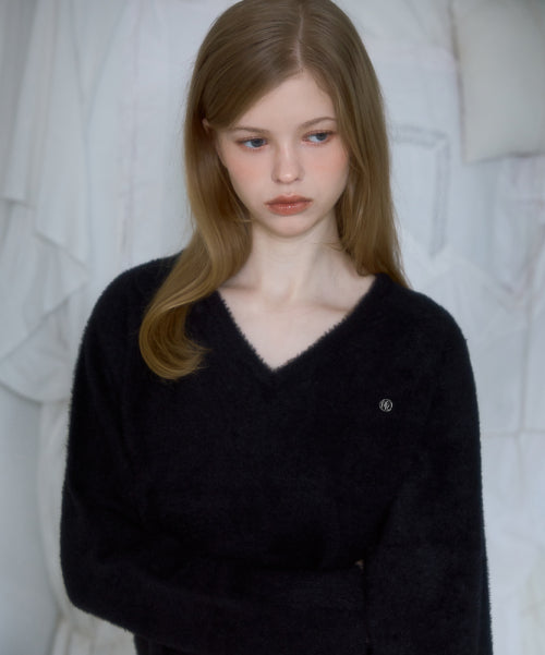 Fur V-neck Knit [Black]
