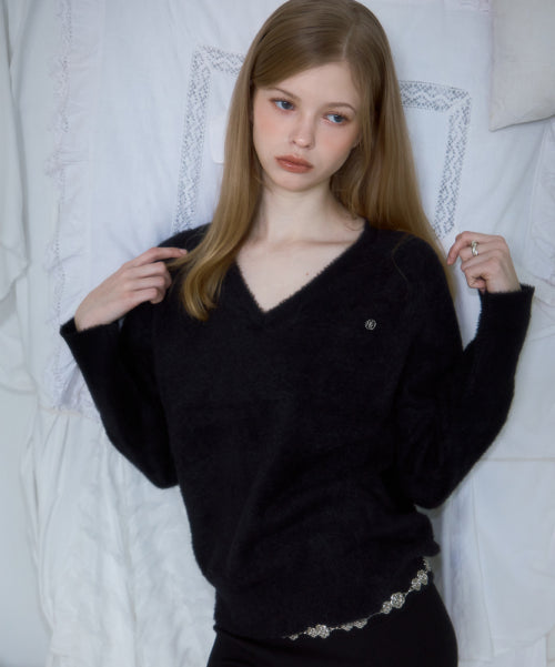 Fur V-neck Knit [Black]