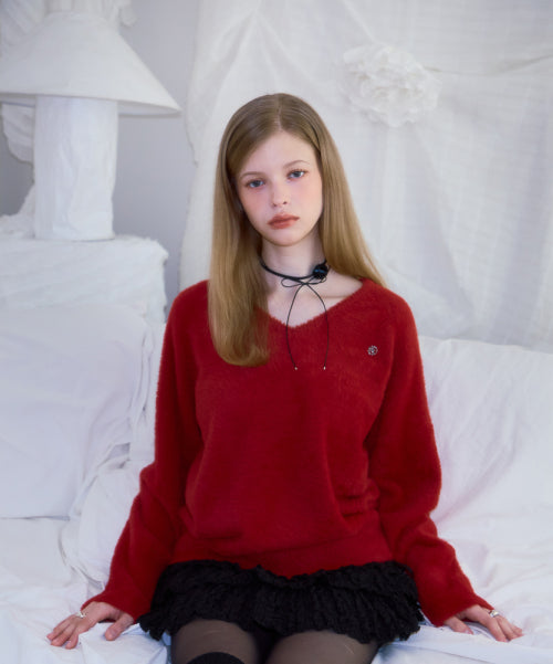 Fur V-neck Knit [Red]