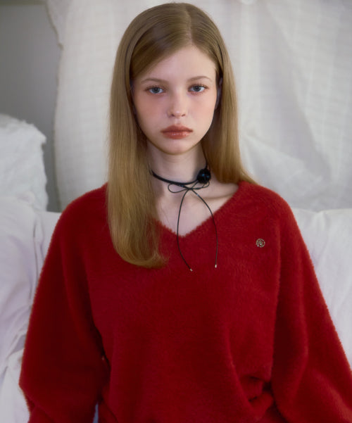 Fur V-neck Knit [Red]