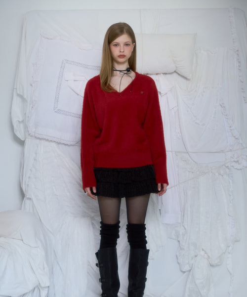 Fur V-neck Knit [Red]