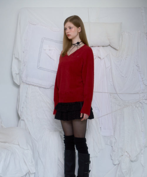 Fur V-neck Knit [Red]
