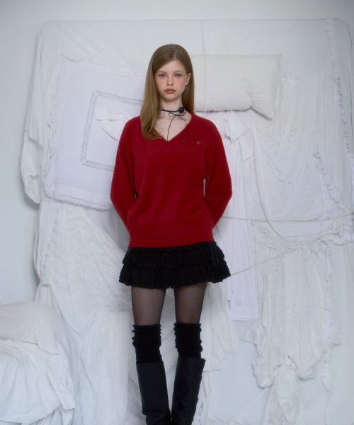 Fur V-neck Knit [Red]