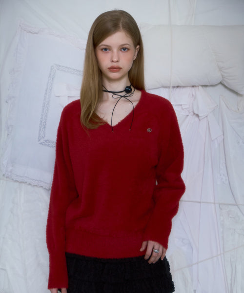 Fur V-neck Knit [Red]