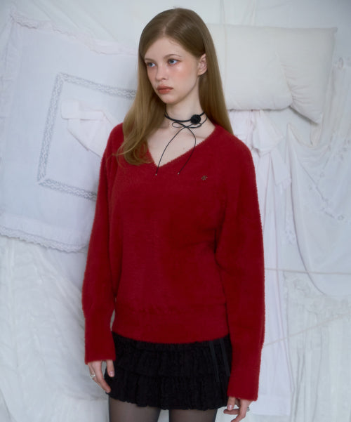 Fur V-neck Knit [Red]