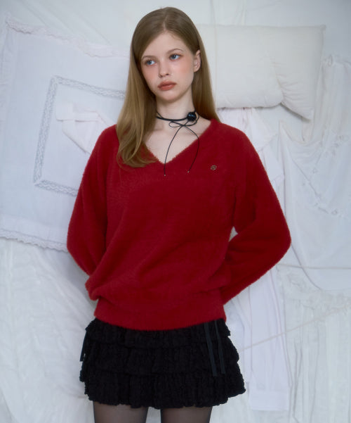 Fur V-neck Knit [Red]
