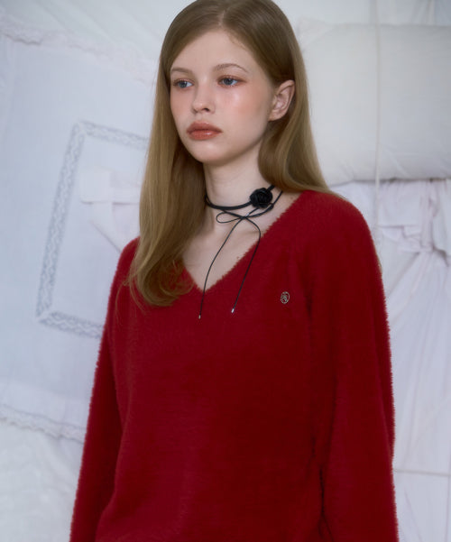 Fur V-neck Knit [Red]
