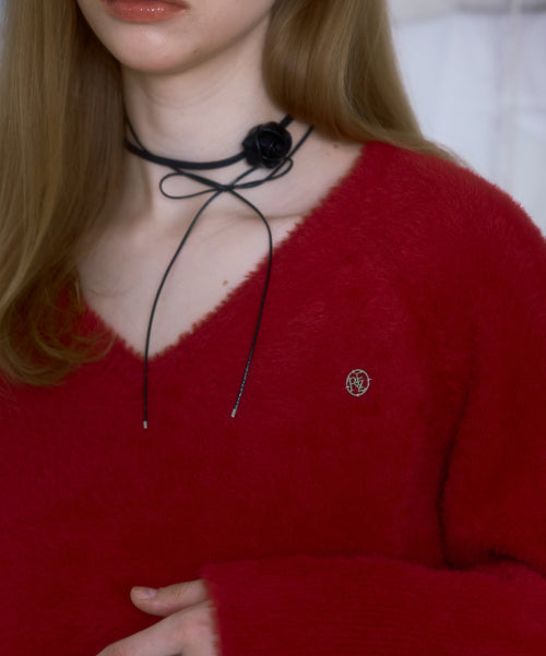 Fur V-neck Knit [Red]
