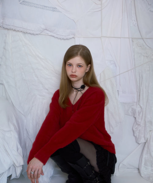 Fur V-neck Knit [Red]