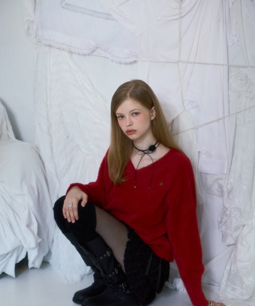 Fur V-neck Knit [Red]