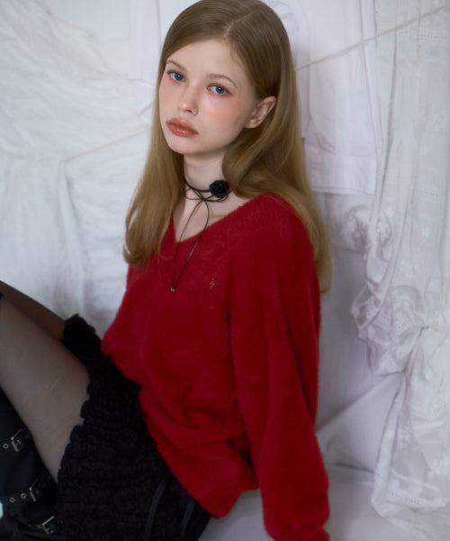 Fur V-neck Knit [Red]