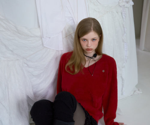 Fur V-neck Knit [Red]