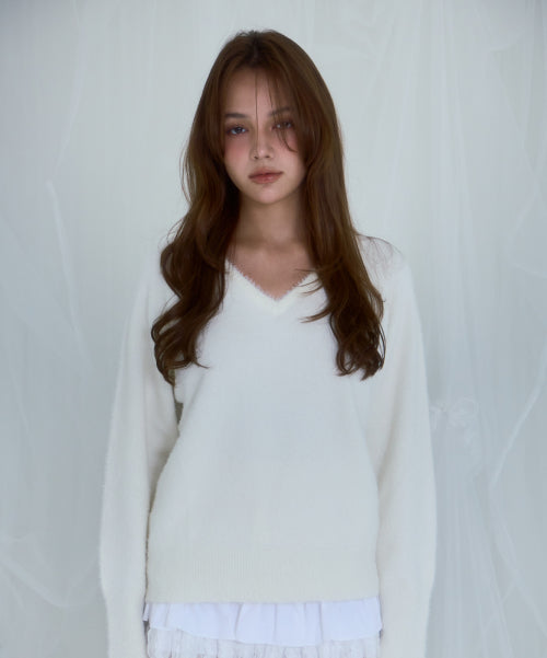 Fur V-neck Knit [Ivory]