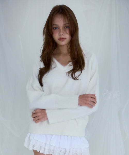 Fur V-neck Knit [Ivory]
