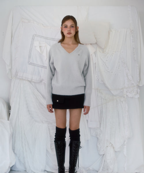 Fur V-neck Knit [Light Gray]