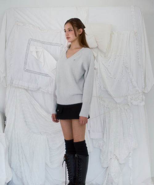 Fur V-neck Knit [Light Gray]