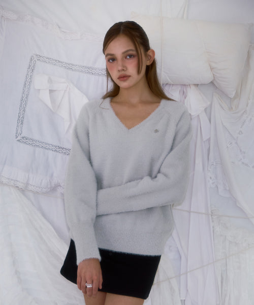Fur V-neck Knit [Light Gray]