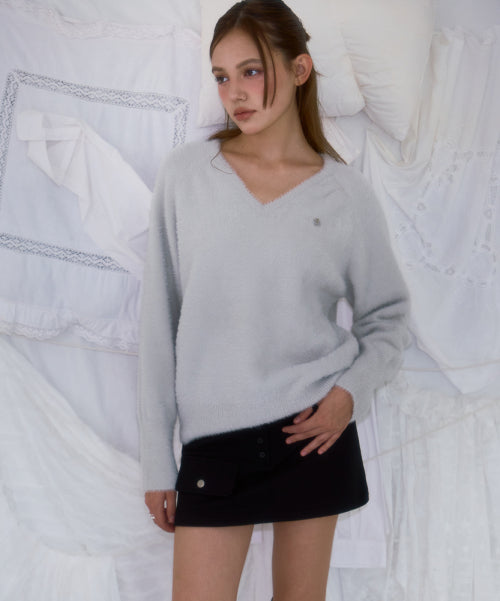 Fur V-neck Knit [Light Gray]