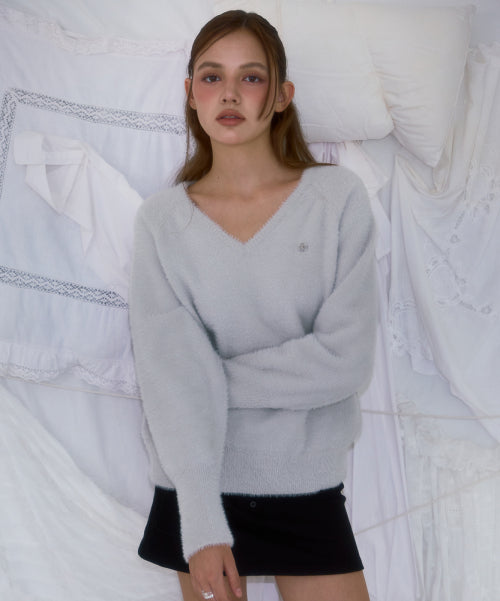 Fur V-neck Knit [Light Gray]