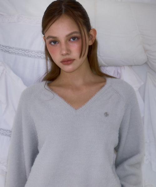 Fur V-neck Knit [Light Gray]
