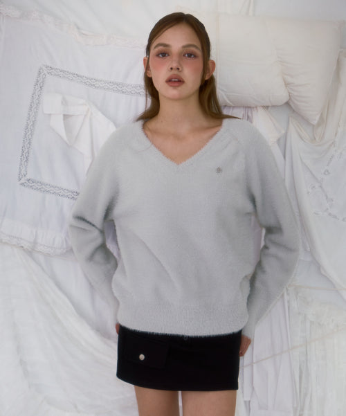 Fur V-neck Knit [Light Gray]