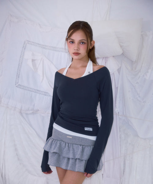 Soft Curve V-neck Long Sleeve [Charcoal]